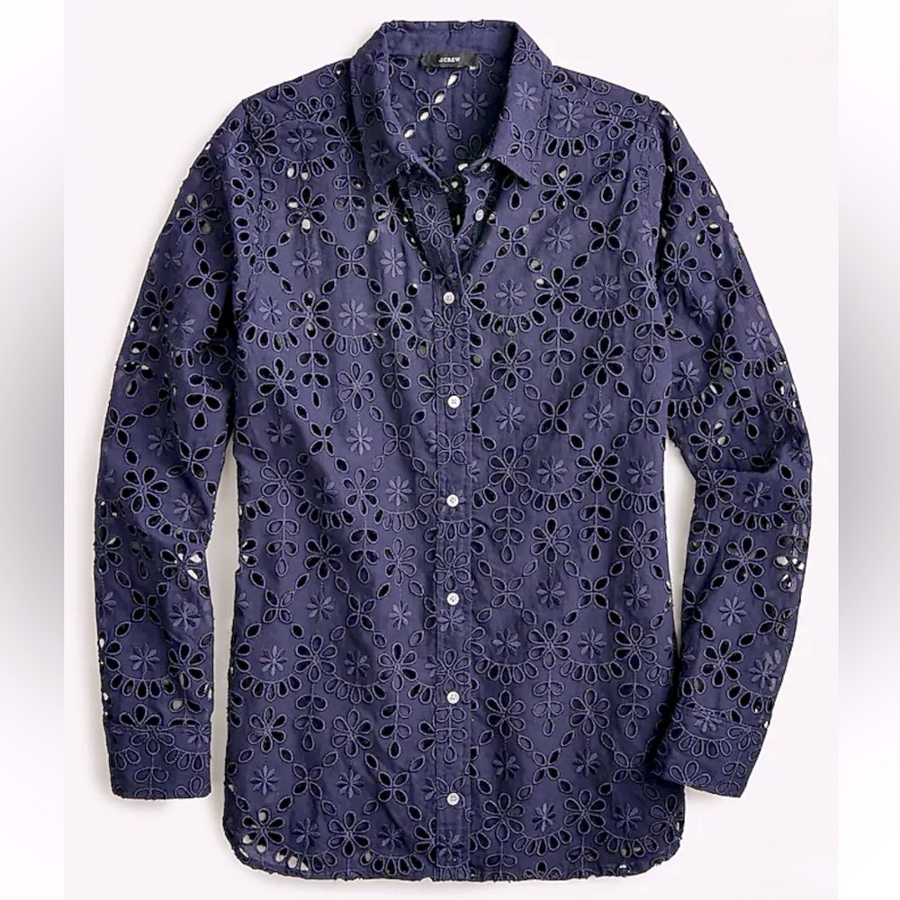 J. Crew Button-Up Blouse Shirt Embroidered Eyelet Broderie Navy Blue 4 S NWT